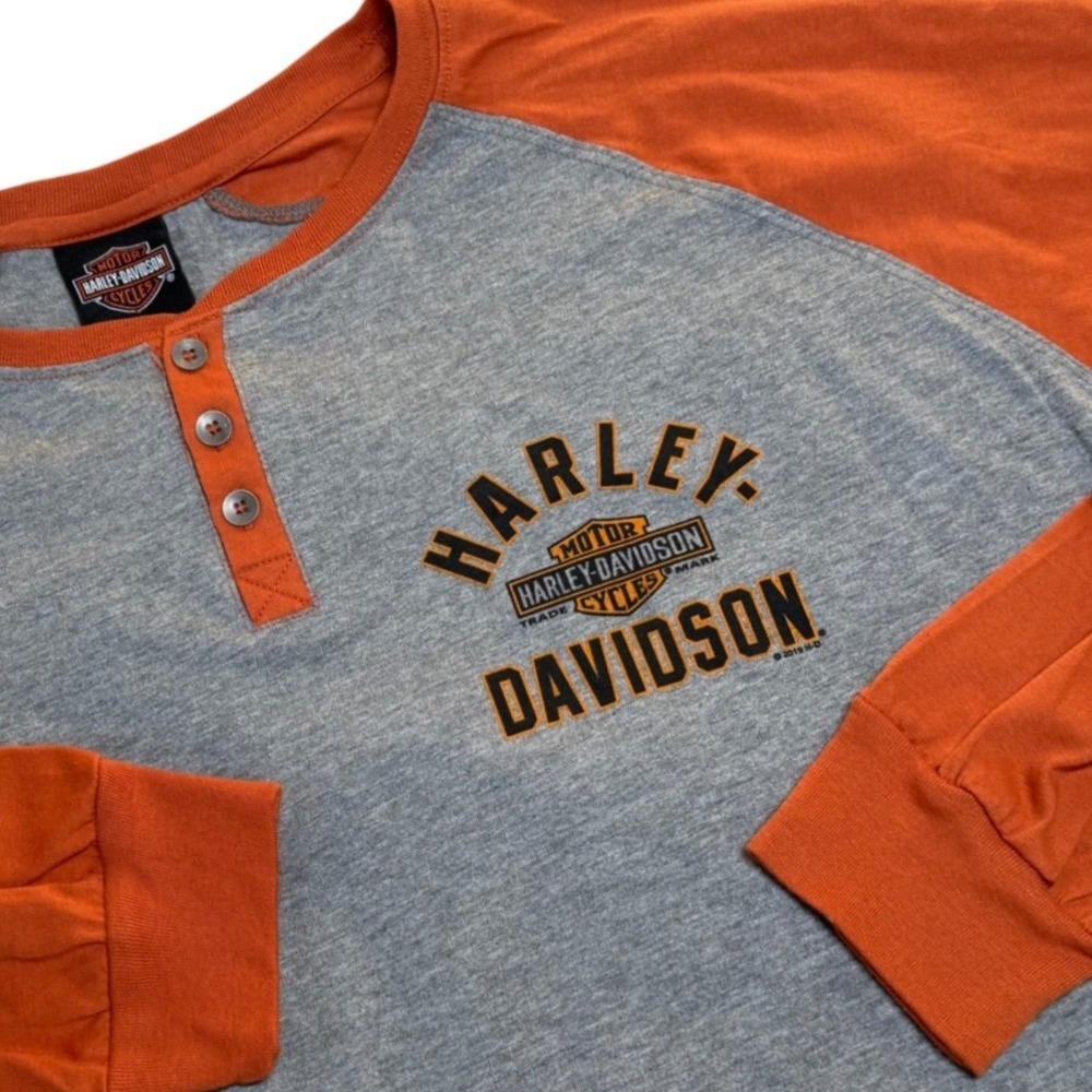 Harley Davidson 2XL Henley Shirt Mens Grey Orange Flaming Gorge Raglan